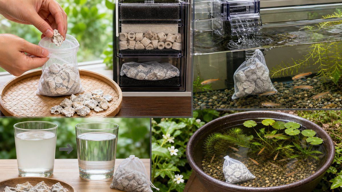 カキガラを少量ずつネットに入れろ過槽や水流のある場所に置く画像