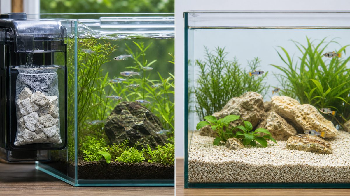 ネット入りカキガラと底床に敷いたサンゴ砂を別々の水槽で比較する画像