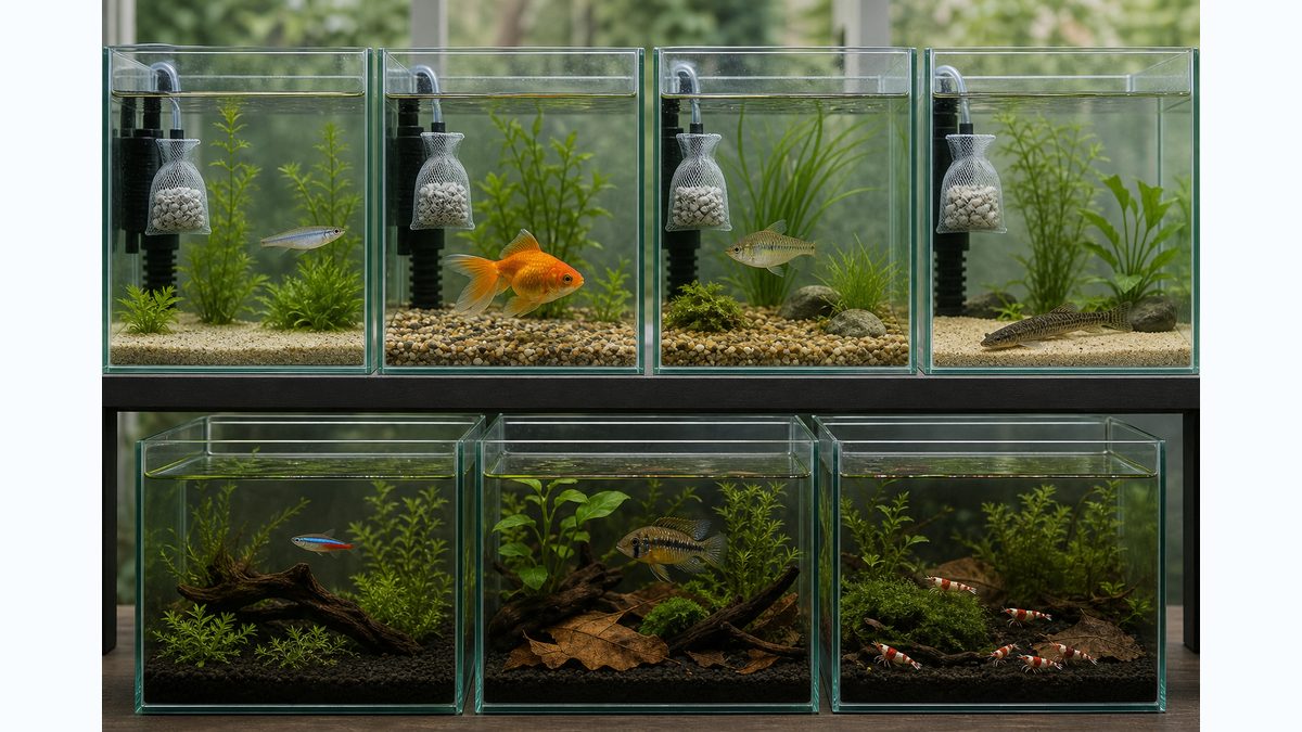 カキガラが向く魚と軟水を好む魚やエビを7つの独立水槽で比較する画像