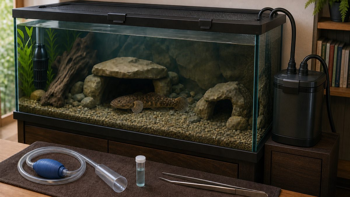 安全なフタ・ろ過・隠れ家を備えたカワアナゴ専用水槽