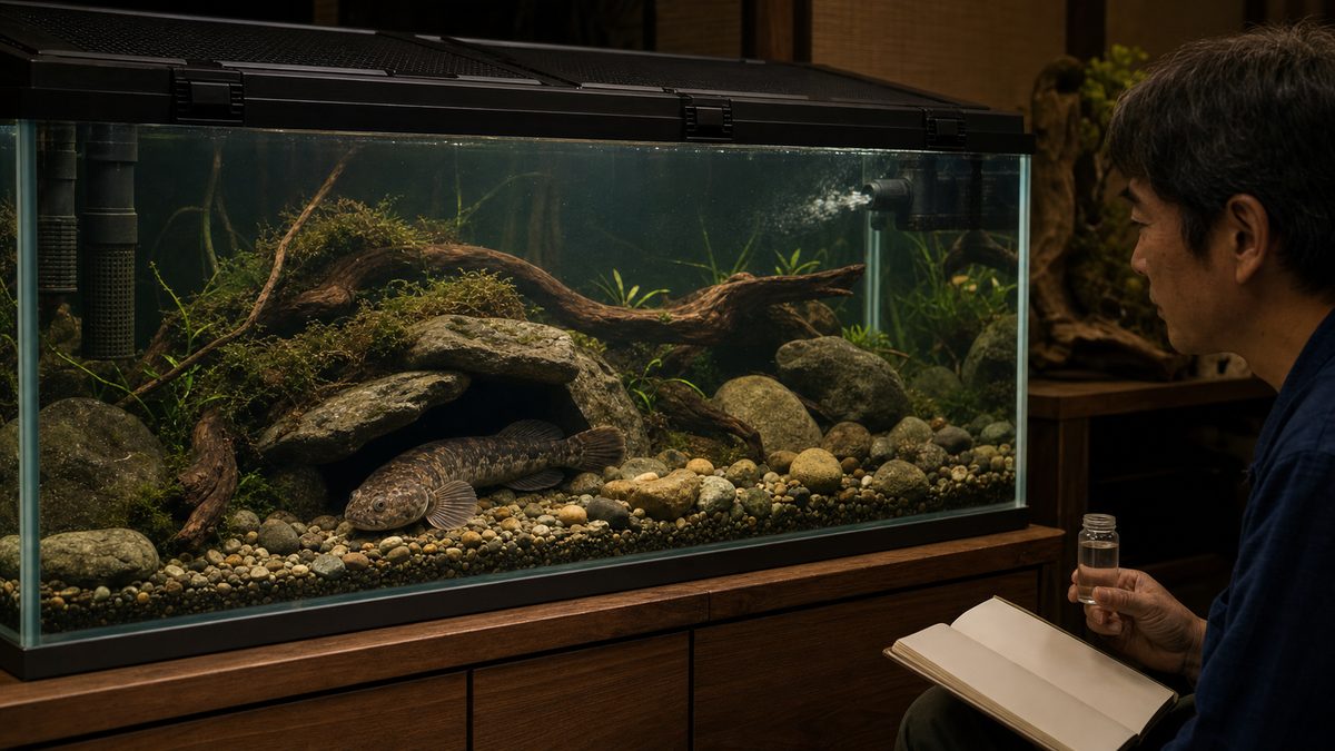 成熟した専用水槽の洞窟前で休むカワアナゴと水質を確認する飼育者