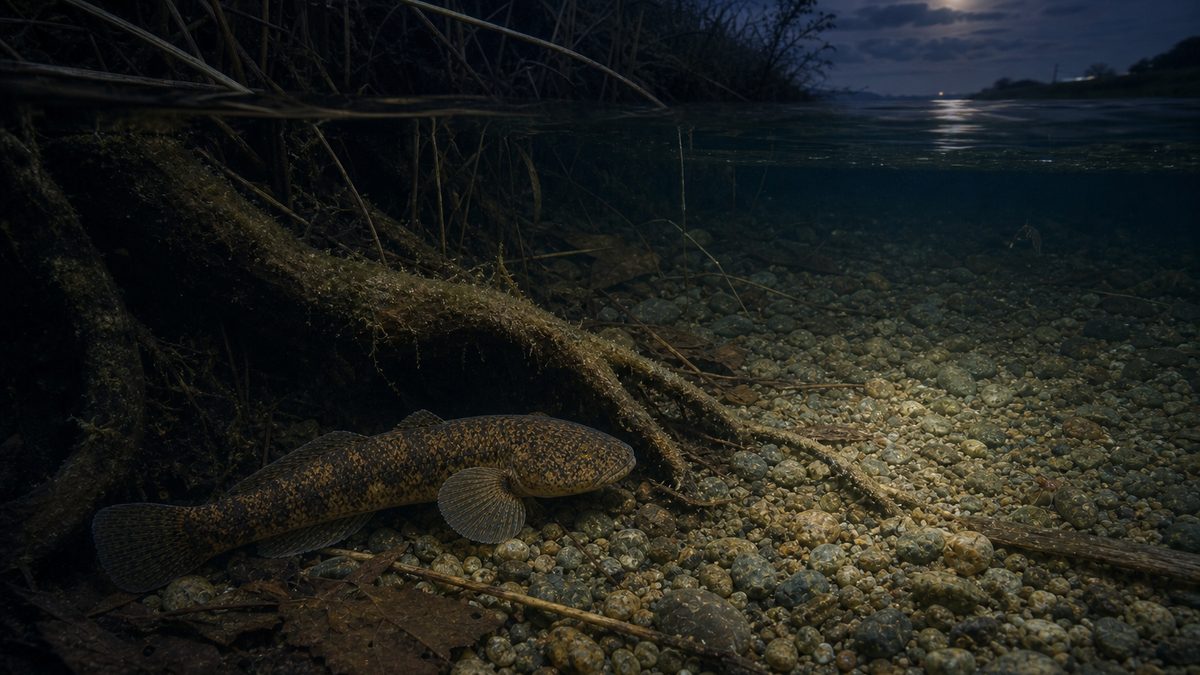 夜の河川下流で沈水根に身を隠すカワアナゴ