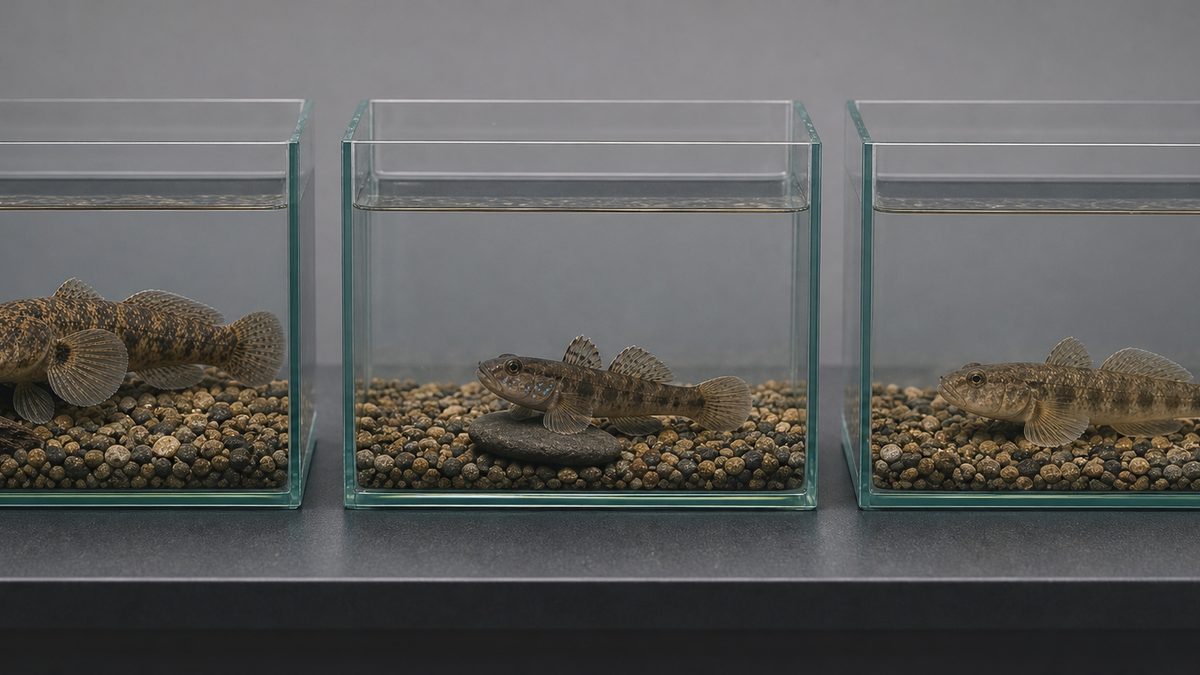別々の観察水槽でカワアナゴ・ヨシノボリ・ウキゴリを比較する場面