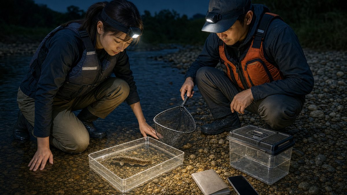 救命胴衣を着けて同じ川の水でカワアナゴを短時間観察する二人
