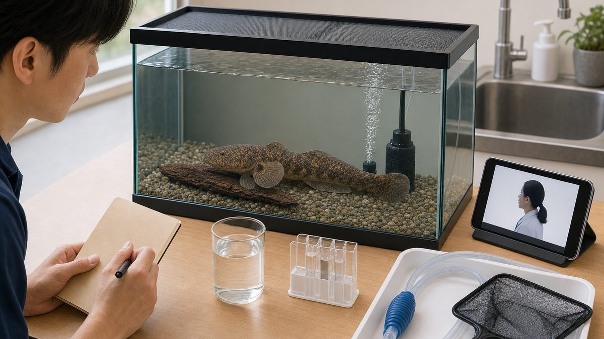 隔離水槽のカワアナゴを観察し水質と飼育記録を専門家へ相談する場面