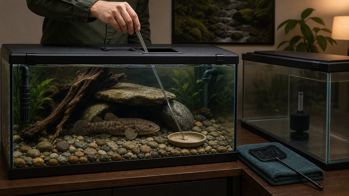 閉じたフタの水槽で食べ残しを回収し予備水槽を準備する場面