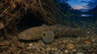 沈水した根の前で休むカワアナゴ