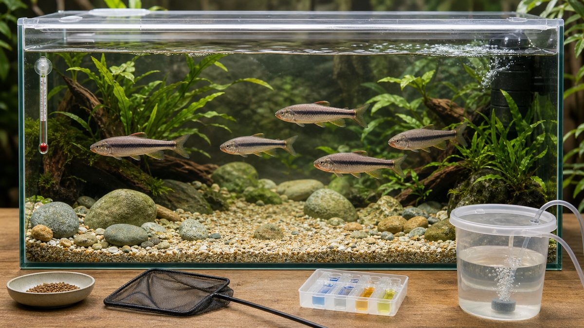 フタ付き水槽、ろ過、温度計、餌、網、水質検査、運搬容器でカワムツ飼育の全体像を示す画像