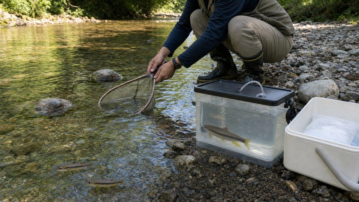 浅い清流で細目のタモ網を使い、カワムツをエアレーション付き蓋容器と保冷箱で持ち帰る場面