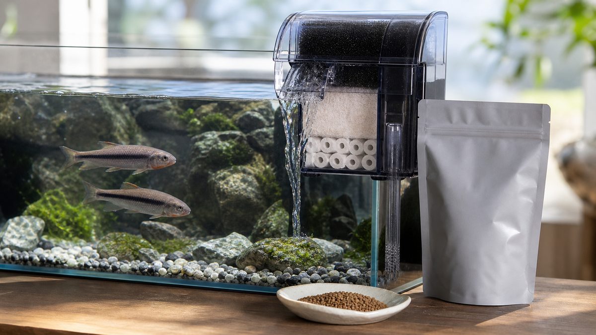 カワムツ水槽の横に置いた無地の川魚用小粒フードと、ろ材が見える上部式フィルター
