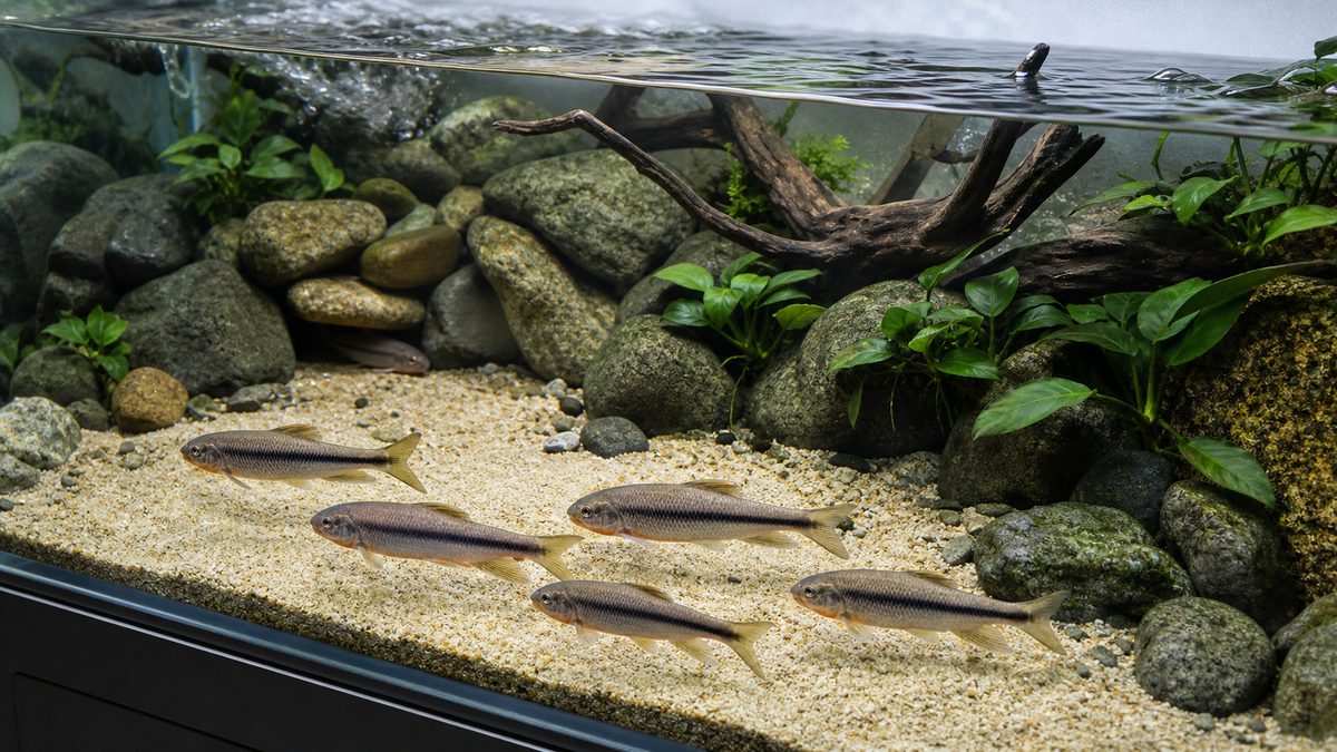 手前に広い砂礫の遊泳域を残し、奥に川石、流木、硬葉水草の隠れ家を配置したカワムツ水槽
