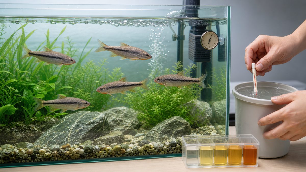 カワムツ水槽の温度計、ろ過とエアレーション、水質試験、交換水の温度合わせを行う管理場面