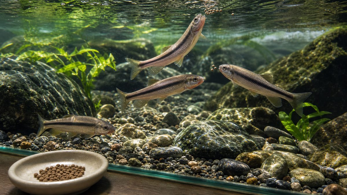少量の小粒飼料を水面と中層で食べるカワムツと、食べ残しのない清潔な砂礫底