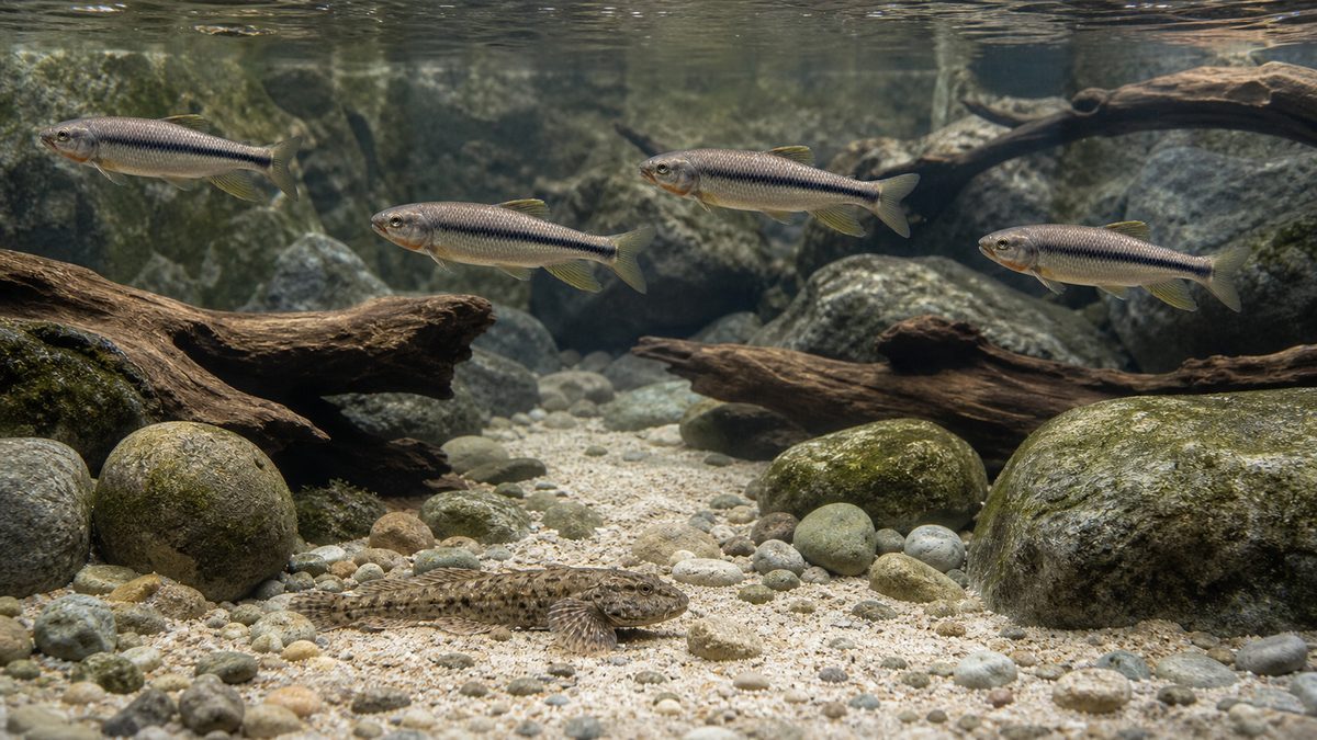 同じ体格のカワムツ4匹が中層を泳ぎ、カマツカが砂底で休む清流魚の混泳水槽