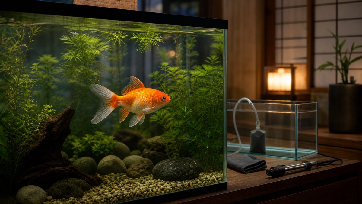養生と水合わせを終えて植栽された本水槽で元気に泳ぐ金魚