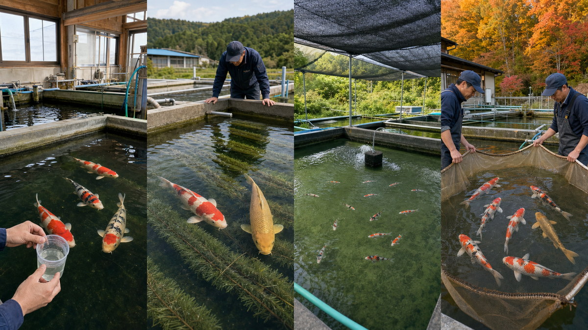 冬の水質確認、春の産卵、夏の稚魚育成、秋の水中選別を並べた四季の場面