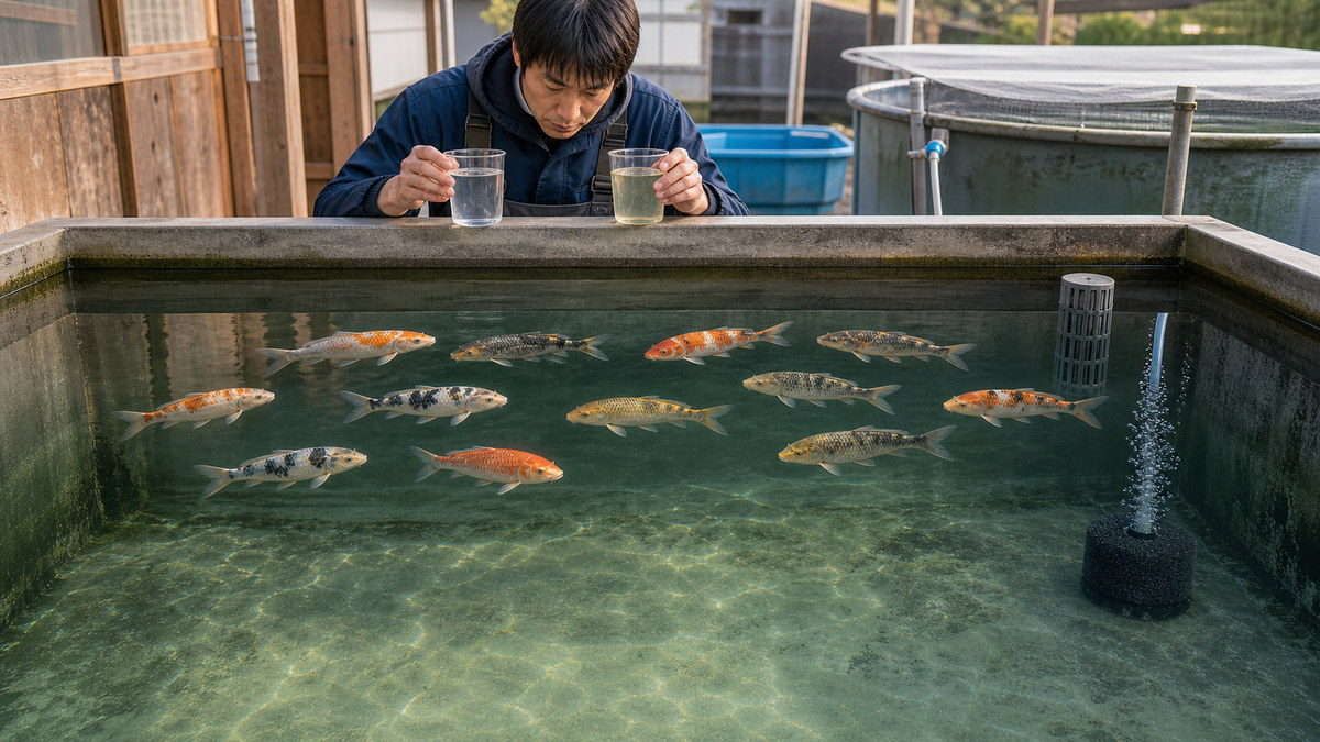 若魚の水槽で2つの水サンプルと吸水口ガード、スポンジフィルターを確認する飼育者