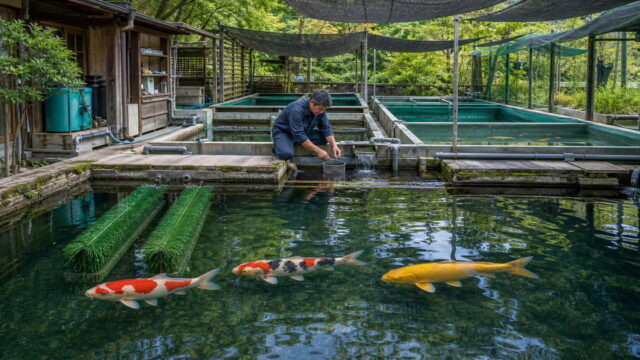 広い錦鯉の繁殖池と産卵ブラシ、稚魚用の分離水槽を確認する飼育者