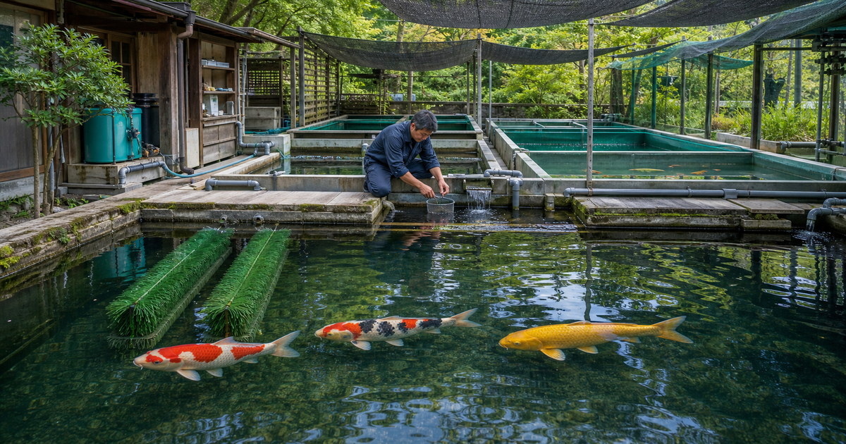 広い錦鯉の繁殖池と産卵ブラシ、稚魚用の分離水槽を確認する飼育者
