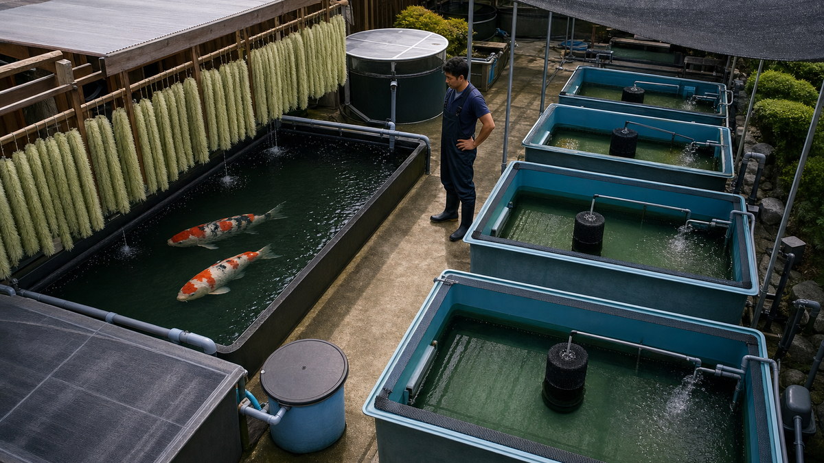 親魚水槽と複数の空の育成水槽、ろ過と産卵ブラシを備えた繁殖ヤード