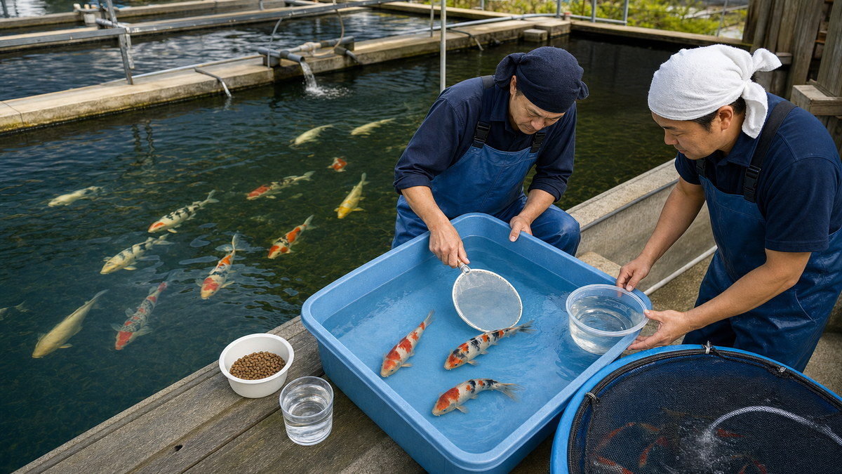 発達途中の模様を持つ錦鯉の若魚を水入りトレイと透明カップで観察する2人