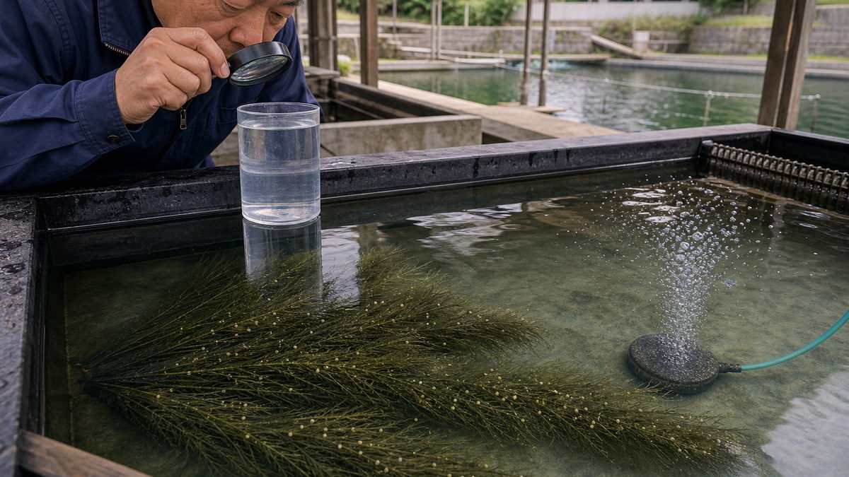 細い産卵ブラシに付着した小さな琥珀色の錦鯉の卵と穏やかな曝気