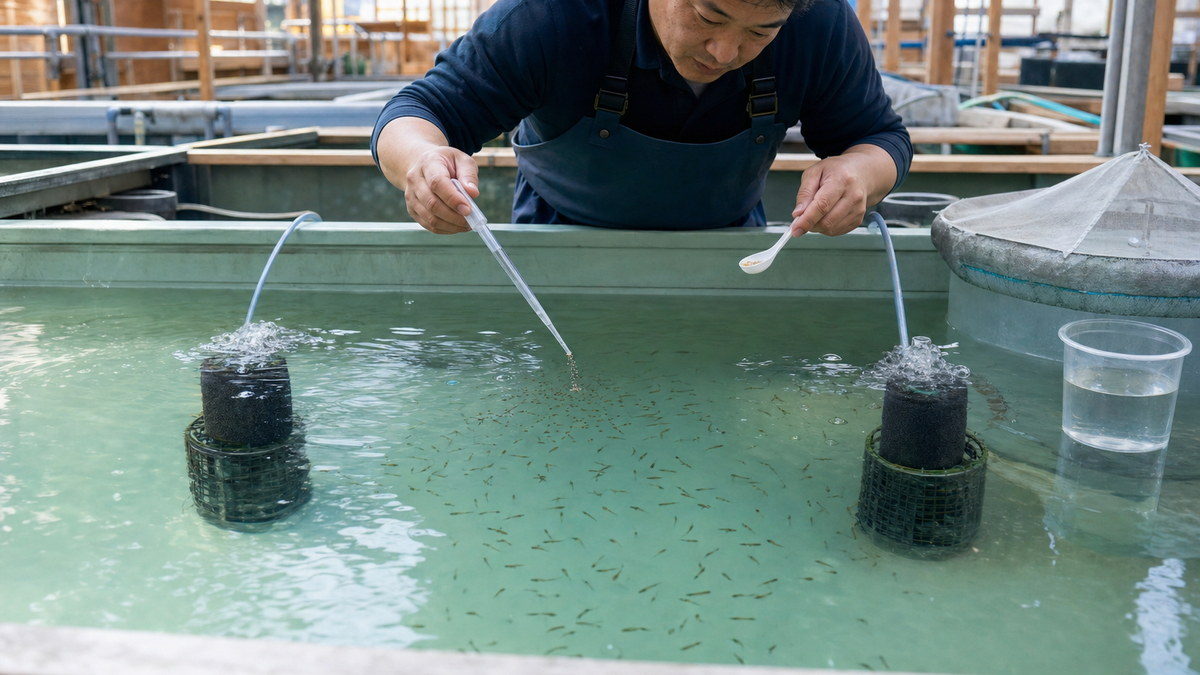 模様のまだ薄い錦鯉の稚魚へ少量給餌しスポンジフィルターで水を保つ育成水槽
