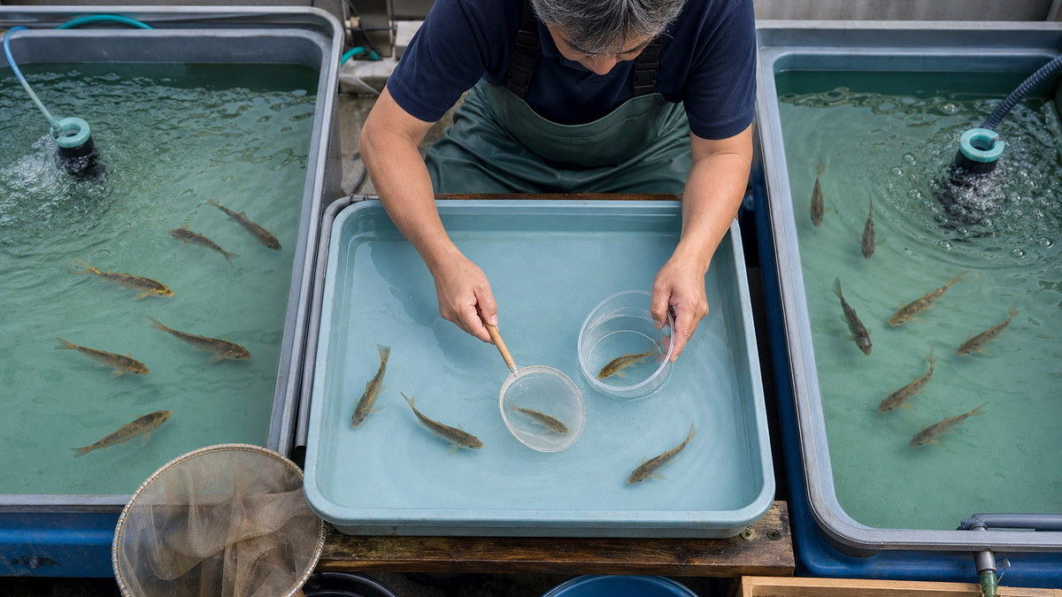 稚魚を水から出さず透明カップと柔らかな網で観察し複数水槽へ分ける場面