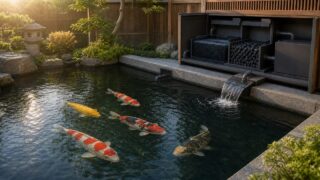 循環ろ過設備を備えた錦鯉池を上から望むアイキャッチ