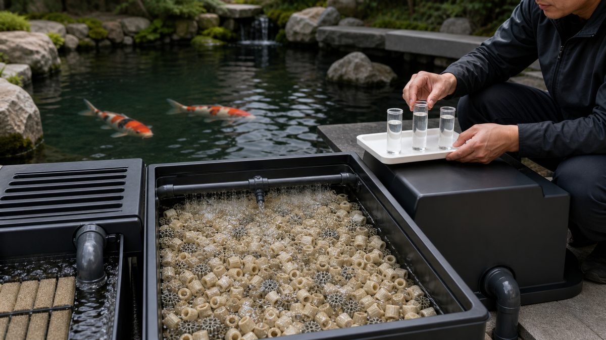 酸素が届く生物ろ材と少数の錦鯉で立ち上げを確認する池
