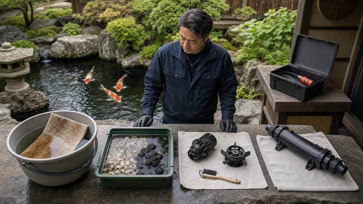 電源を切り池水で物理ろ過マットだけをやさしく洗うメンテナンス