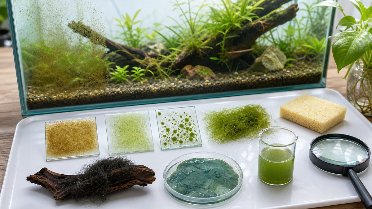 水槽に生える茶ゴケ・緑ゴケ・アオミドロ・黒ひげ藻・藍藻などを比較した画像