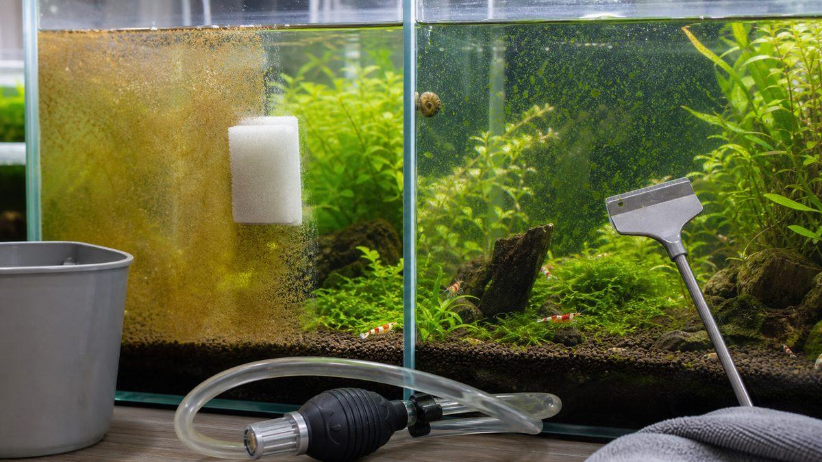 茶ゴケと緑ゴケをスポンジやスクレーパーで除去する様子の画像