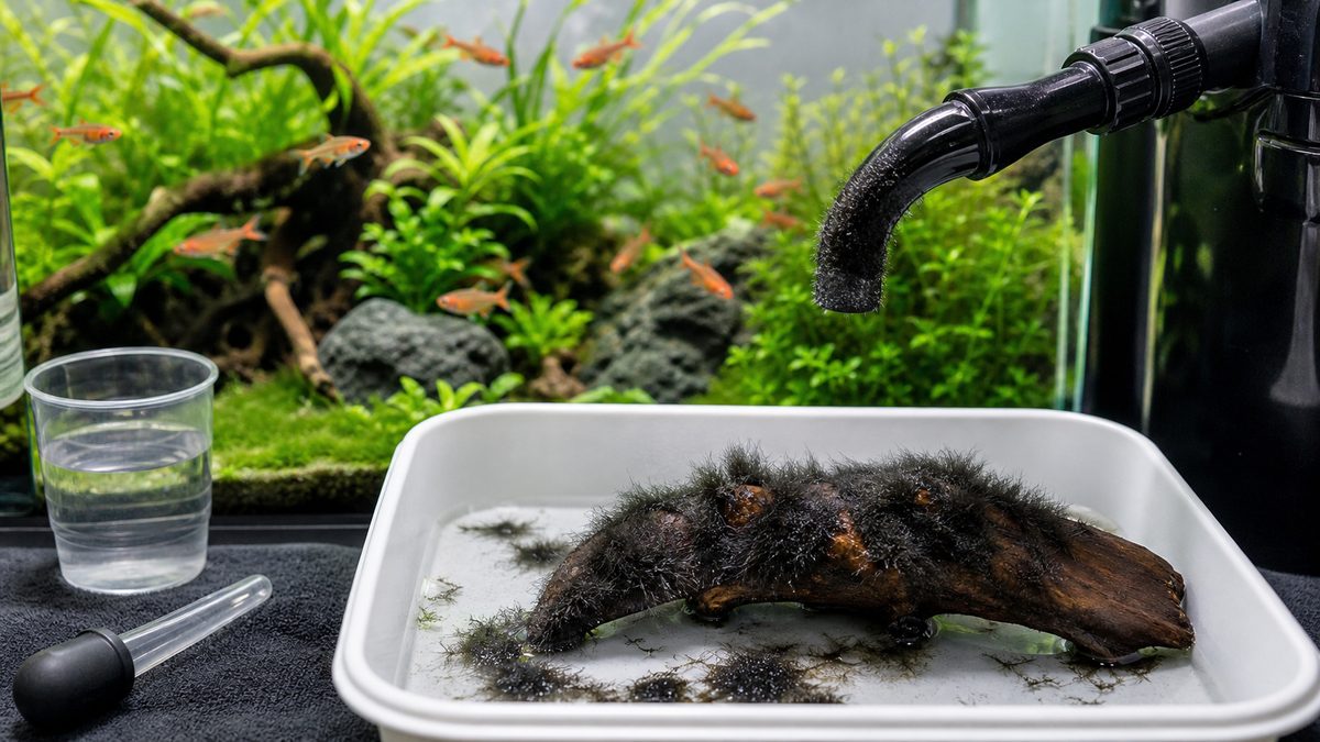 黒ひげ藻を水槽外で安全に処理する様子の画像