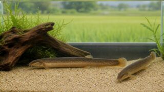 細目の砂と流木の水槽で過ごす茶褐色のマドジョウ