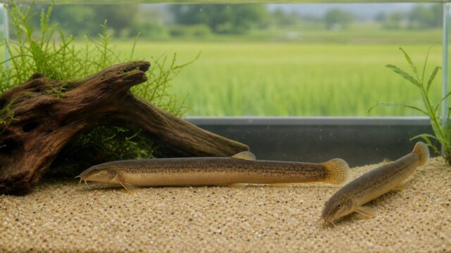 細目の砂と流木の水槽で過ごす茶褐色のマドジョウ