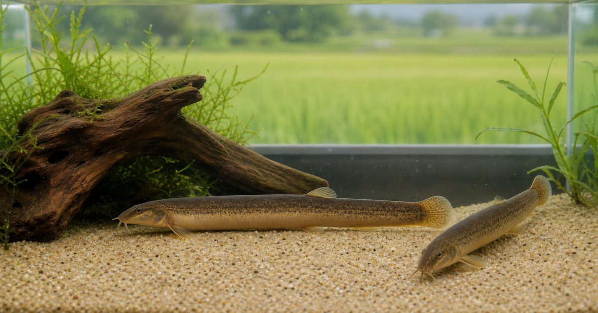 細目の砂と流木の水槽で過ごす茶褐色のマドジョウ