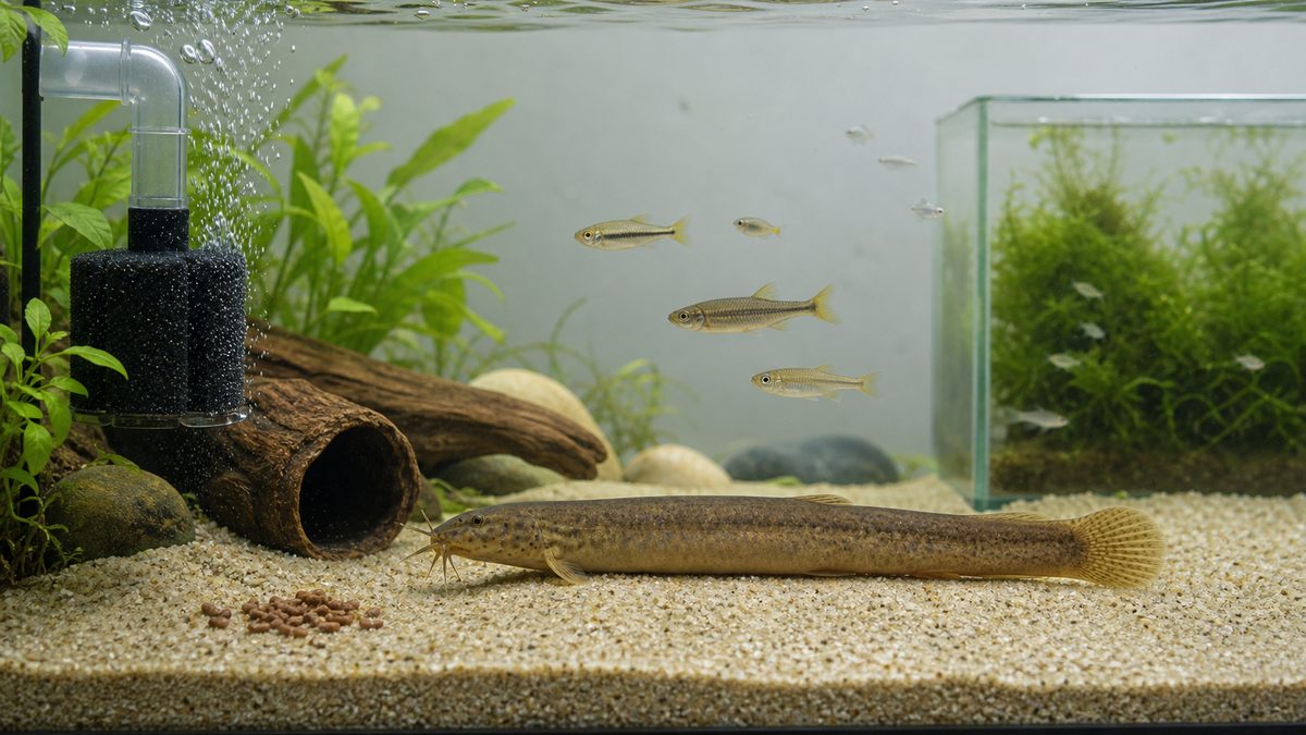 マドジョウの水槽設備と餌、混泳魚、稚魚水槽を一枚にまとめた様子