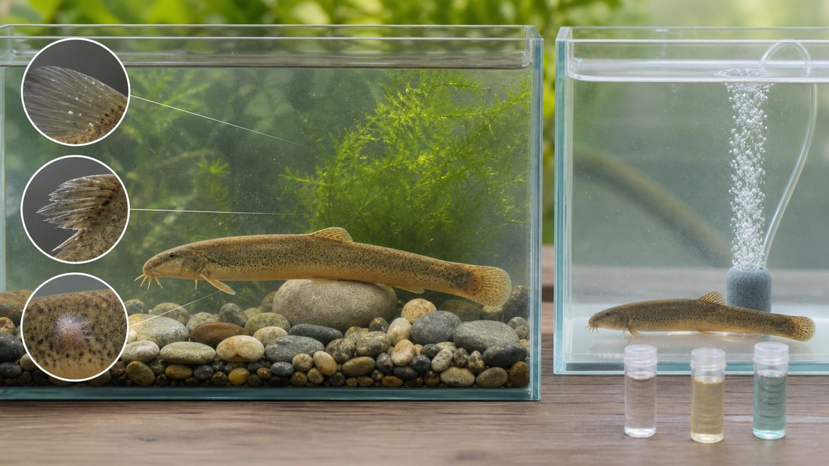 マドジョウのヒレの白点、欠け、綿状の付着物を拡大し、隔離水槽で観察する様子
