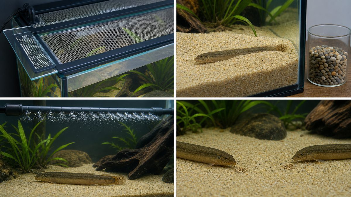 マドジョウ水槽の安全な蓋、細目の砂、分散した水流、少量の餌を四画面で示す様子
