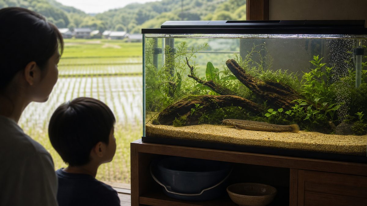 田んぼを望む部屋で、砂底と流木の水槽に暮らすマドジョウを観察する親子