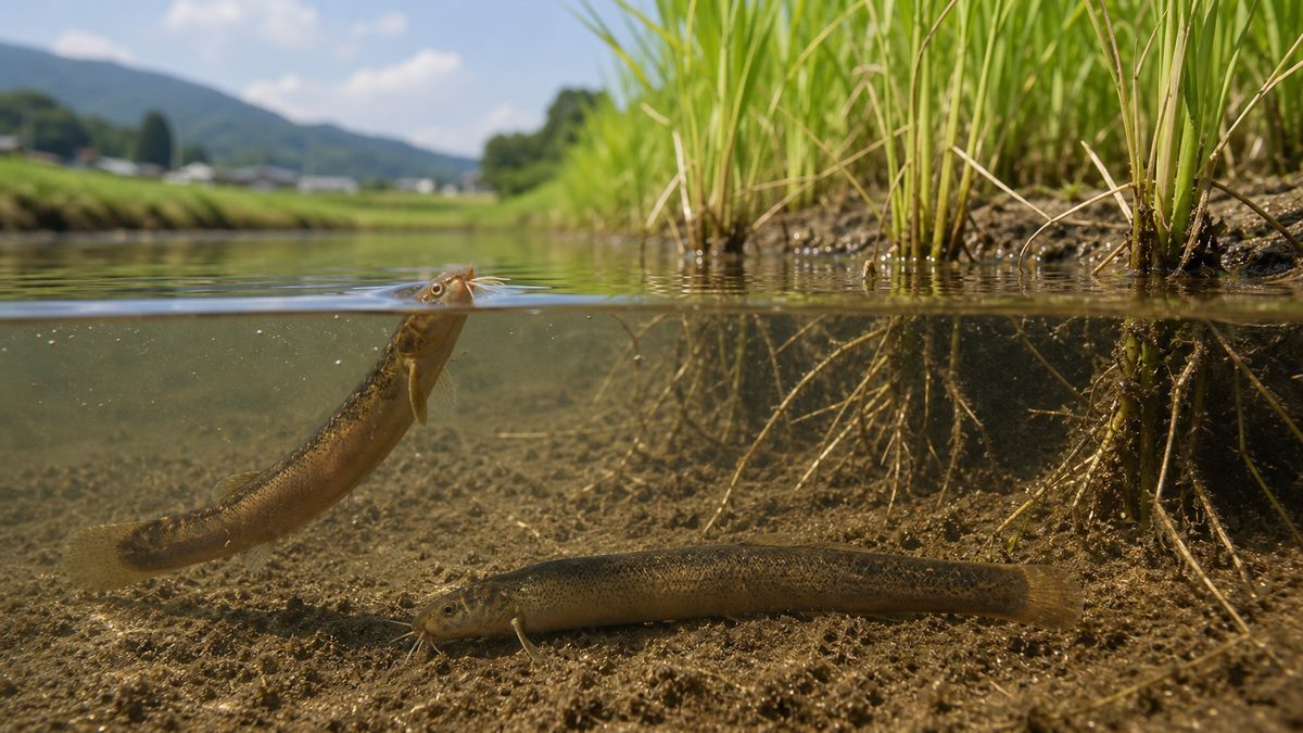 田んぼの用水路で泥底に休むマドジョウと水面で空気を吸う個体