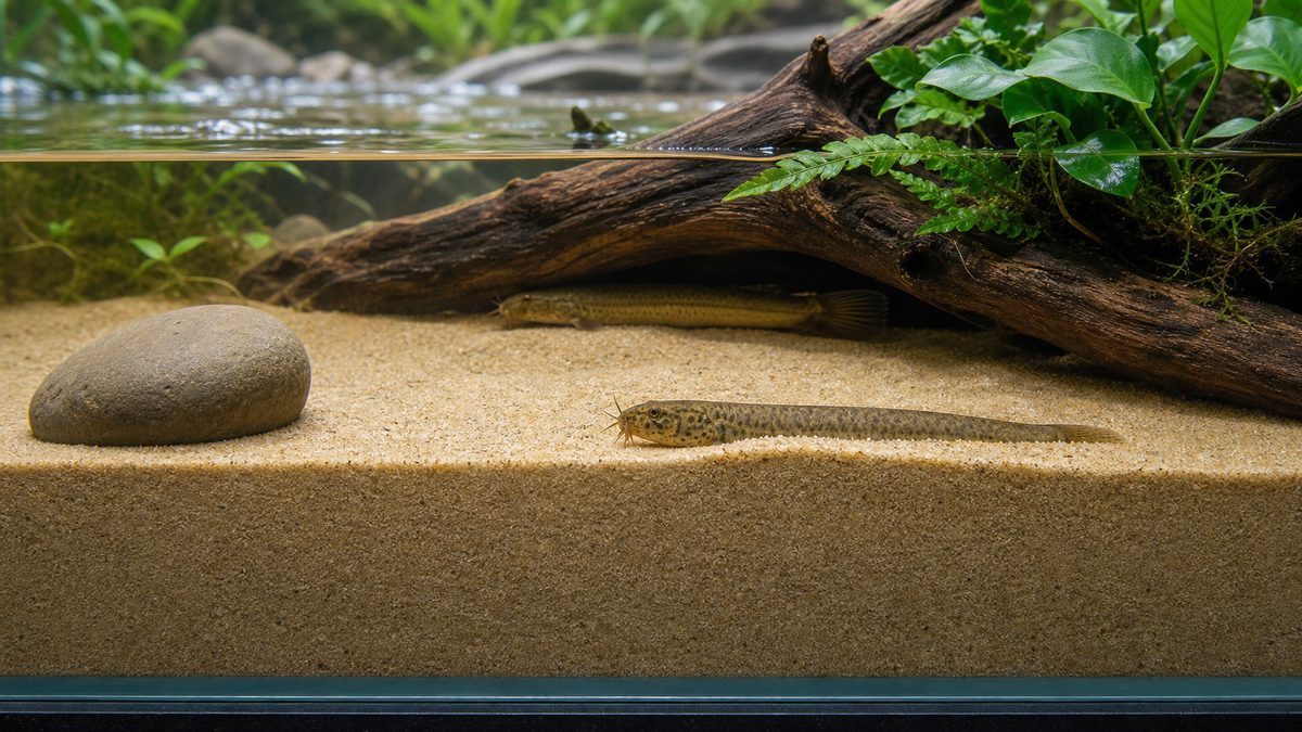 厚く敷いた細かい砂に半身を潜らせるマドジョウと流木の隠れ家