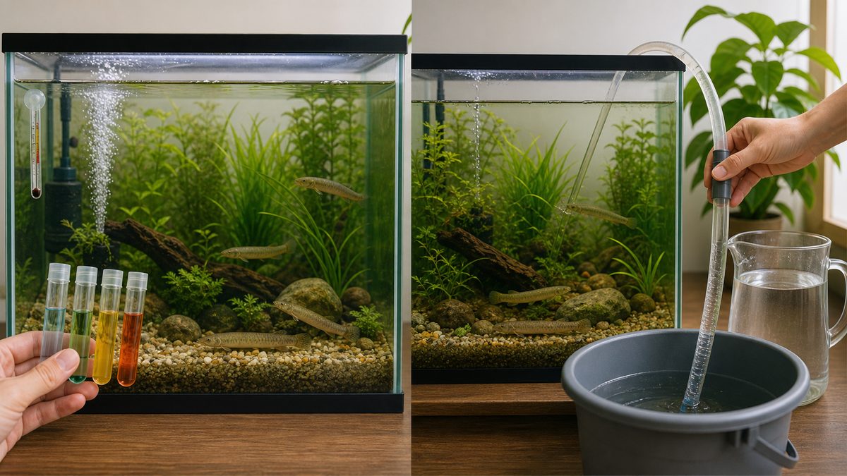 温度計と水質検査試薬を確認し、水を大半残して部分換水するマドジョウ水槽