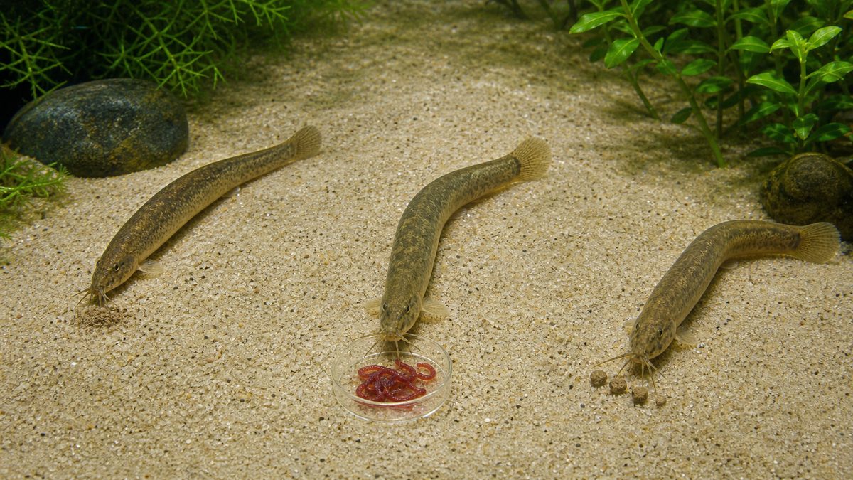 細かい砂の上で沈下性の粒餌と赤虫を少量ずつ食べる三匹のマドジョウ