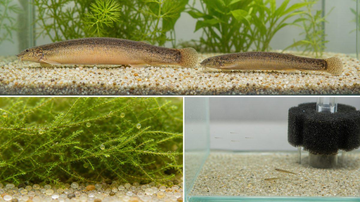 腹部がふくらんだ雌と細身の雄、モスに付着した小さな卵、別水槽の仔魚