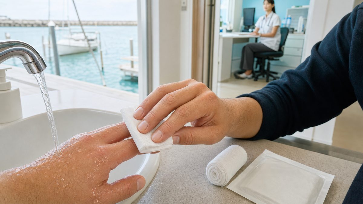 海辺の小さな傷を清潔な水で洗いガーゼで圧迫し医療相談へつなぐ流れ