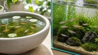 メダカ容器とアカヒレ水槽を並べて違いと選び方を伝えるアイキャッチ
