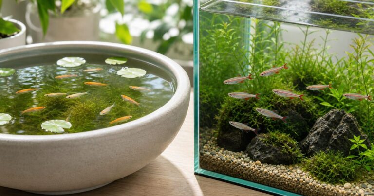 メダカ容器とアカヒレ水槽を並べて違いと選び方を伝えるアイキャッチ