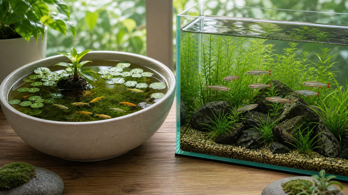 メダカの上見容器とアカヒレの水草水槽を比較した画像